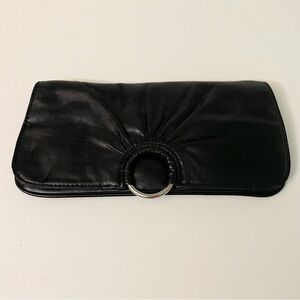 Vintage Spring Black Faux Leather Envelope Clutch Y2K Silver Ring Handbag